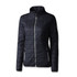 A navy quilted women's jacket with a zip front and side pockets, featuring a logo on the sleeve.