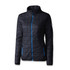 A women's jacket featuring a quilted design in navy blue with light blue zippers and side pockets. It has a branded logo.