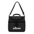 A black insulated lunch bag with a handle and adjustable shoulder strap, featuring a front pocket and a logo.