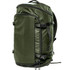 A green duffel pack with multiple compartments and straps, featuring a zippered closure and a logo on the front.
