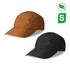 A brown and a black cap made from recycled polyester, featuring a logo.