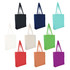 Ten large calico tote bags in various colours, including black, navy, teal, white, cream, green, orange, red, and purple. Each features two handles and a logo.