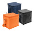A small cooler bag in navy, orange, and black, featuring a front pocket and a carry handle.