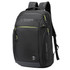 A black backpack with lime green accents, featuring multiple compartments and a logo on the front.
