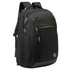 A black backpack with green zipper accents, featuring multiple compartments and a logo.