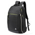 A black backpack featuring bright green zippers, multiple compartments, and padded shoulder straps. It has a logo on the front.