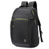 A black backpack with green accents and multiple compartments, featuring adjustable straps and a logo.