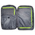 A black backpack with a grey and neon green interior, featuring multiple compartments and a mesh pocket.