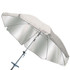 A large silver beach umbrella with a metal pole and adjustable height, featuring eight segments and a sturdy base.