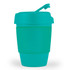A reusable coffee cup in teal with a silicone band and a lid that features a sipping spout.