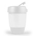 A reusable coffee cup with a silicone band and a lid, featuring a white exterior and a simple design.