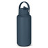 A drink bottle in a dark blue colour with a handle and a silver attachment, featuring a smooth finish.