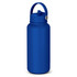 A blue drink bottle with a handle and a screw-on lid, featuring a smooth, matte finish and a logo.