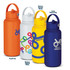 A drink bottle collection featuring orange, white, yellow, and blue variations, each with a handle and branding details.