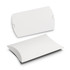 A small white pillow box with a curved design, featuring a simple, clean shape. It has a logo on one side.