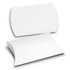 A large white pillow box with a curved design, featuring a logo on one side.