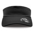 A black visor with a wide brim and a logo on the side, designed for headwear.