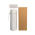A drink bottle in white with a lid, alongside a plain brown box and a small card. Branding is present on the bottle.