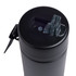 A drink bottle with a sleek black design and a clear spout lid, featuring a logo on the surface.