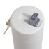 A drink bottle in white with a clear, fitted spout and a flip-top opening; features a logo.