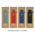 A drink bottle collection in grey, red, blue, and black packaging, featuring a logo on each bottle.