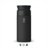 A drink bottle in black with a tapered design and a blue accent. It features a logo on the front.