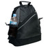 A black backpack with a drink bottle in a side pocket and a zippered compartment. It features a logo.