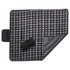 A picnic blanket featuring a black and white plaid design, with a waterproof backing and a rolled-up carry handle.