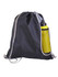 A black drawstring bag with a yellow drink bottle in a mesh side pocket. The bag has a logo.