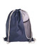 A navy drawstring bag features a mesh side pocket and a top cinch closure, with white drawstrings and an internal lining.