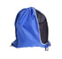 A blue drawstring bag with a black mesh side pocket and a contrasting trim. It features a logo.