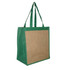 A green jute tote bag featuring a natural jute panel and two sturdy handles, ideal for carrying items.