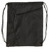 A black drawstring backpack features a zippered pocket and two drawstrings on the sides. It has a simple, sleek design.