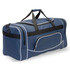 A navy blue duffle bag with white accents and multiple zippered compartments. It has a supporting handle.