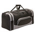 A black and grey duffle bag featuring multiple zippered compartments and carrying handles.