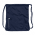 A navy drawstring bag with a zippered pocket and a logo. The bag has two adjustable straps for carrying.