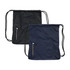 A drawstring bag in black and navy, featuring a zippered pocket and a logo.