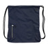A navy drawstring bag with a zippered pocket and a branding logo on one side.