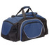 A duffle bag in navy blue and black with a front pocket and dual carry handles. Features a logo on the side.