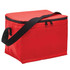 A red cooler bag with a zippered top and a black carry strap, featuring a branding logo on the front.
