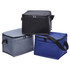 A cooler bag in black, blue, and grey, featuring zippered openings and handles. Includes branding on the surface.
