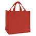 A red non-woven tote bag with two handles and a simple design, featuring a logo.