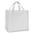A white non-woven tote bag with two handles and a logo. The bag is spacious and sturdy in design.