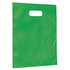 A large green gift bag with a handle, made from a textured material and featuring a logo.