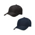 Two caps displayed, one in black and the other in navy, both featuring a logo and contrasting trim.