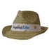 A straw fedora hat in beige with a patterned band featuring a logo. The hat has a classic wide brim design.