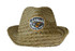A straw fedora hat in a natural tan colour with a logo on the front.