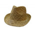 A straw fedora hat in a light, natural colour with a woven design and a curved brim.