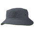 A grey bucket hat with a wide brim and eyelets, featuring a green underside. It has a simple design and a logo.