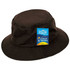A dark brown bucket hat with a textured brim and a branding tag attached.